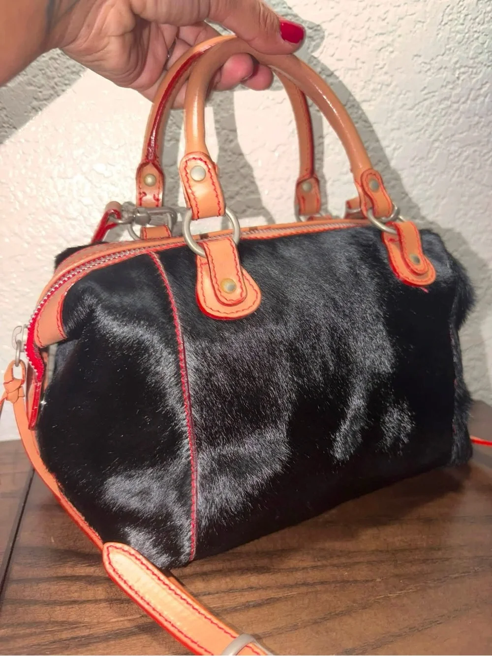 Rare Dooney and Burke Black Faux-Hair Satchel with Tan & Coral Trim